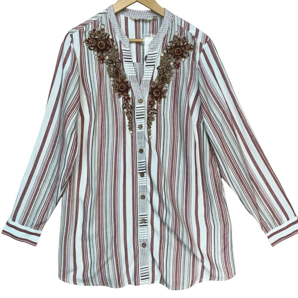Soft Surroundings White and Burgundy Striped Embroidered V-Neck Blouse